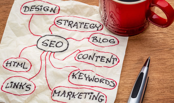 Digital marketing terms written on a napkin - Optimizing Your WordPress Site for SEO